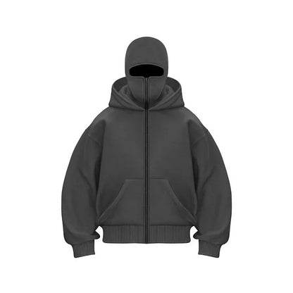 Unisex Cotton Blend Zip Hoodie With Built-In Hooded Face Mask For Cold Weather And Everyday Wear