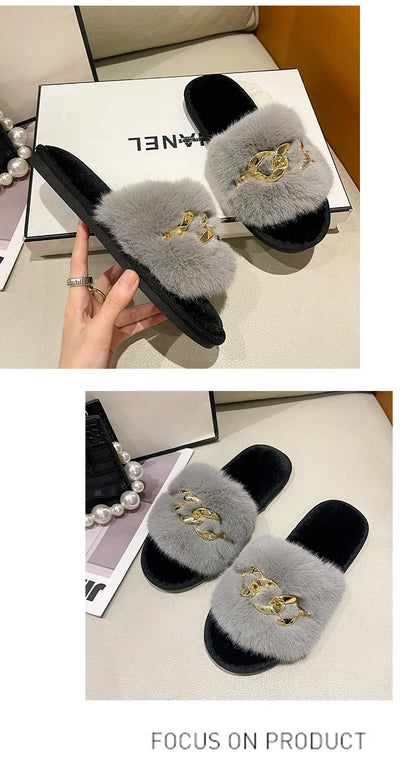 Plush Slippers for Women with Chain Detail and Cushioned Sole