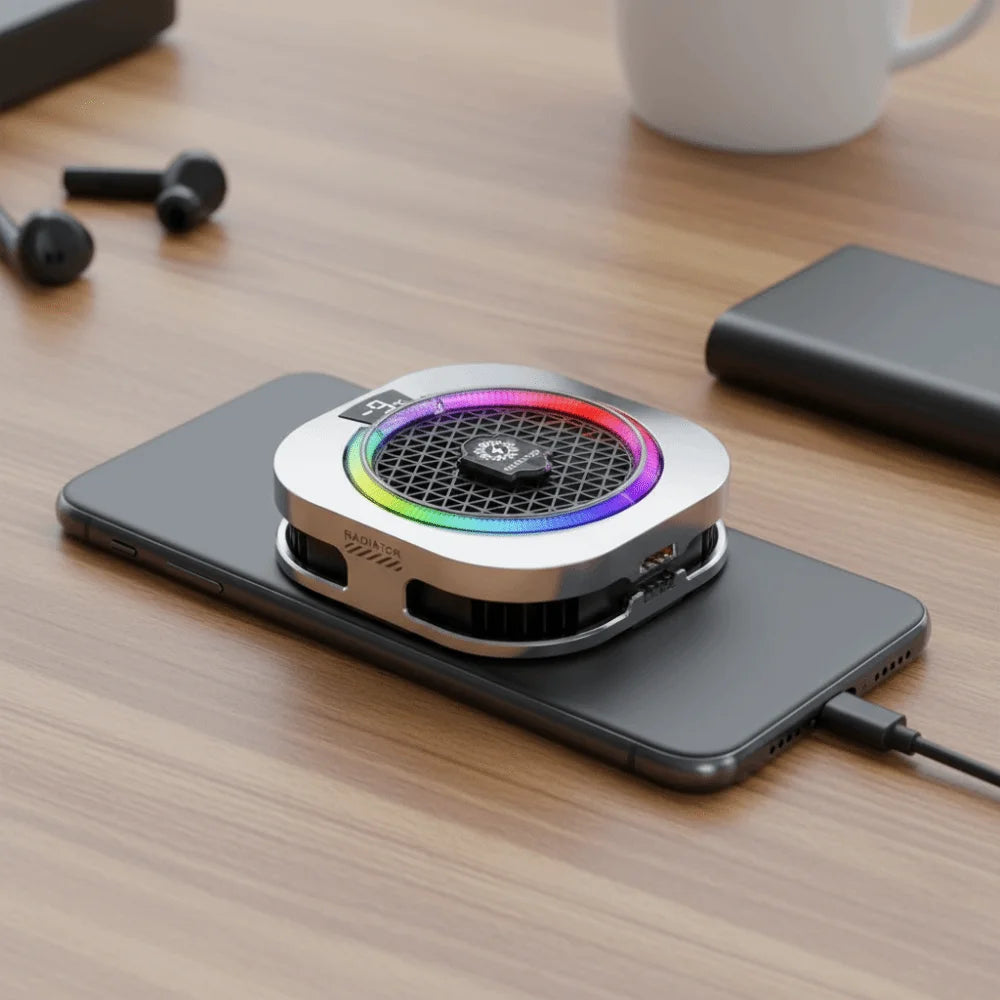 Silver circular mobile phone cooler with RGB light, LED display, and high-power fan for gaming to prevent overheating.