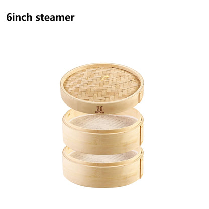 A two-tier light-brown bamboo dumpling steamer with a woven lid and the Untior brand logo.