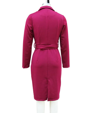 Elegant Deep V-Neck Suit Dress - Long Sleeve High Waist Office Dress with Sashes