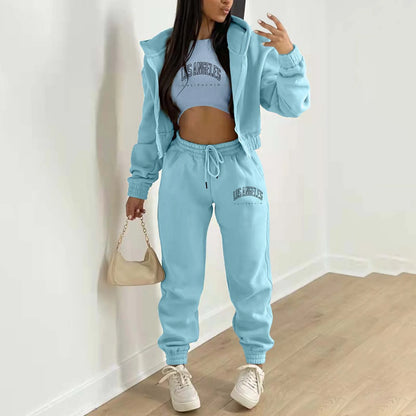 Light blue knit hooded sweater set with letter print and relaxed fit for lounging.