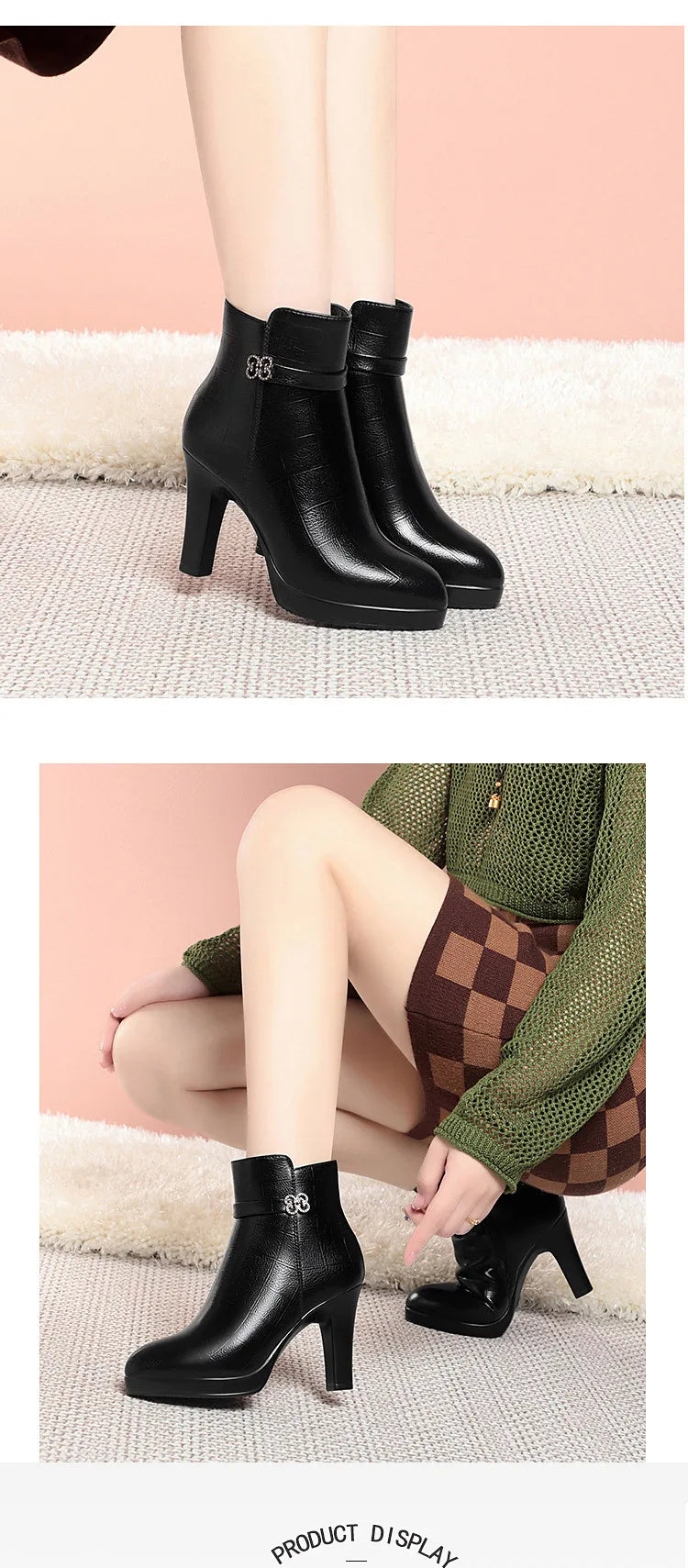 Black leather ankle boots with block heels, platforms, and a decorative buckle strap.