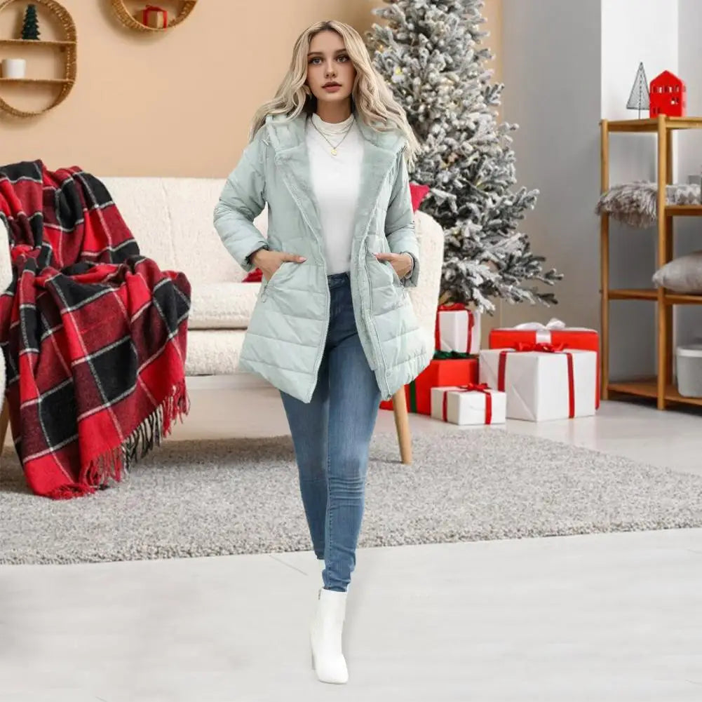 Women's long hooded puffer coat with full zip and pockets
