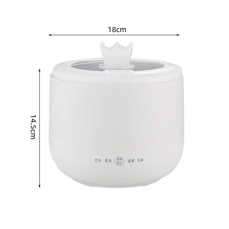 White portable electric cooker with a crown-shaped lid knob and dimension arrows marking 18cm width and 14.5cm height.