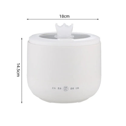 White portable electric cooker with a crown-shaped lid knob and dimension arrows marking 18cm width and 14.5cm height.