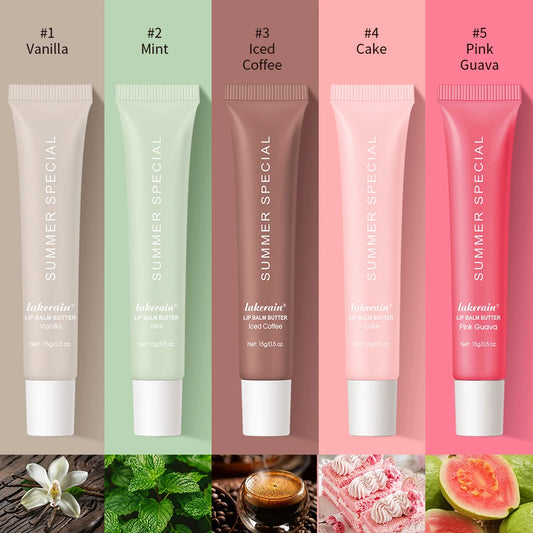 Five colorful squeeze tubes of hydrating lip balm in vanilla, mint, coffee, cake, and guava scents for daily care.