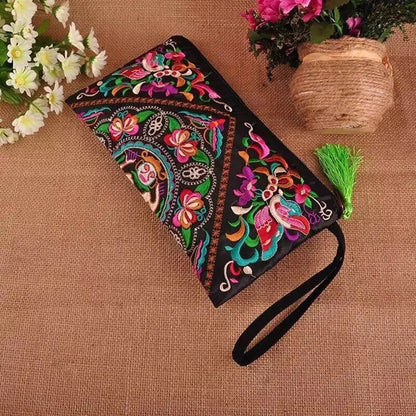Retro Style Square Purse Ethnic Style Phone Clutches Floral Embroidered Bag Zipper Storage Bag Flower Fabric Clutch Bag