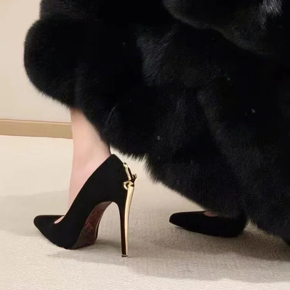 Black pointed toe PU stiletto pumps with a gold metal fine heel for formal events.