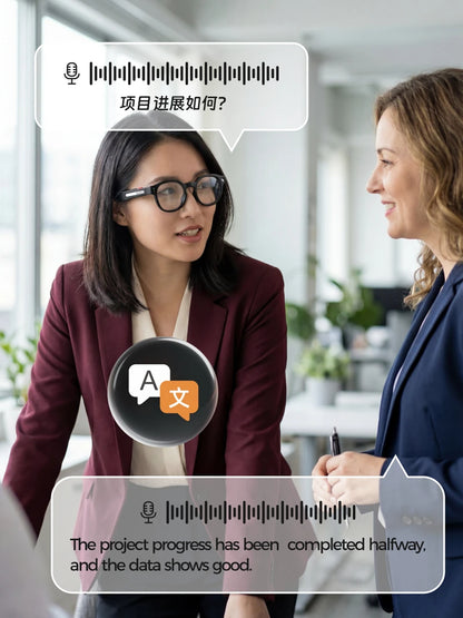 Woman wearing black lightweight smart wearable glasses with an integrated camera for real-time translation during meetings.