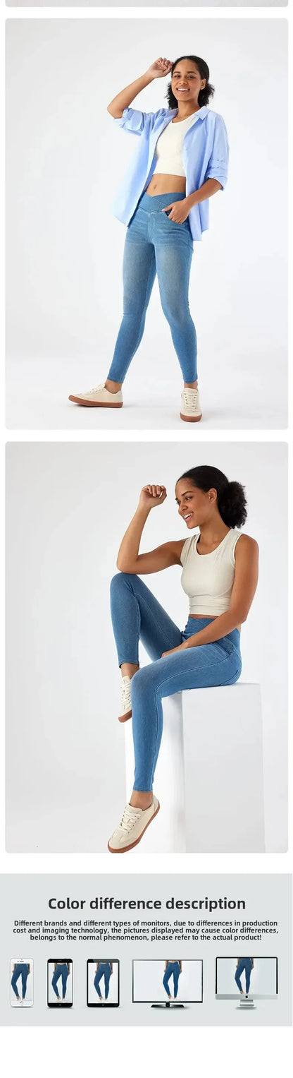 Cross Waist Yoga Jeans High Waist Skinny Ankle Length With Pockets