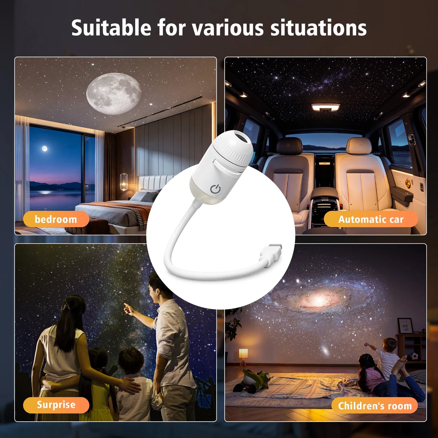 White gooseneck LED ambient projector light for rooms and cars with adjustable focus and USB connection.