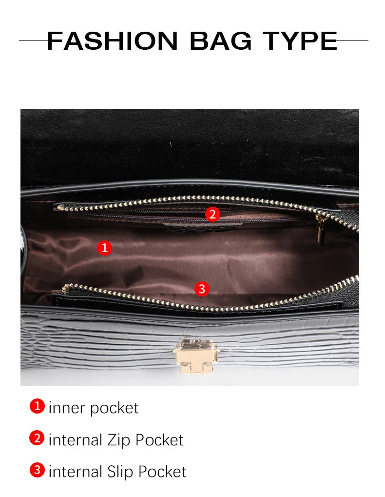 Black crocodile-pattern leather handbag interior showing numbered inner, zip, and slip pockets with gold hardware.
