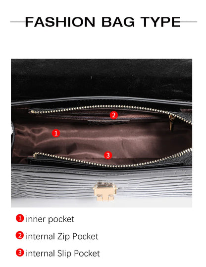 Black crocodile-pattern leather handbag interior showing numbered inner, zip, and slip pockets with gold hardware.