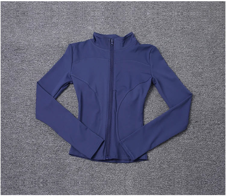 Blue long sleeve fitted polyester sport jacket with a zip front for gym training and yoga.