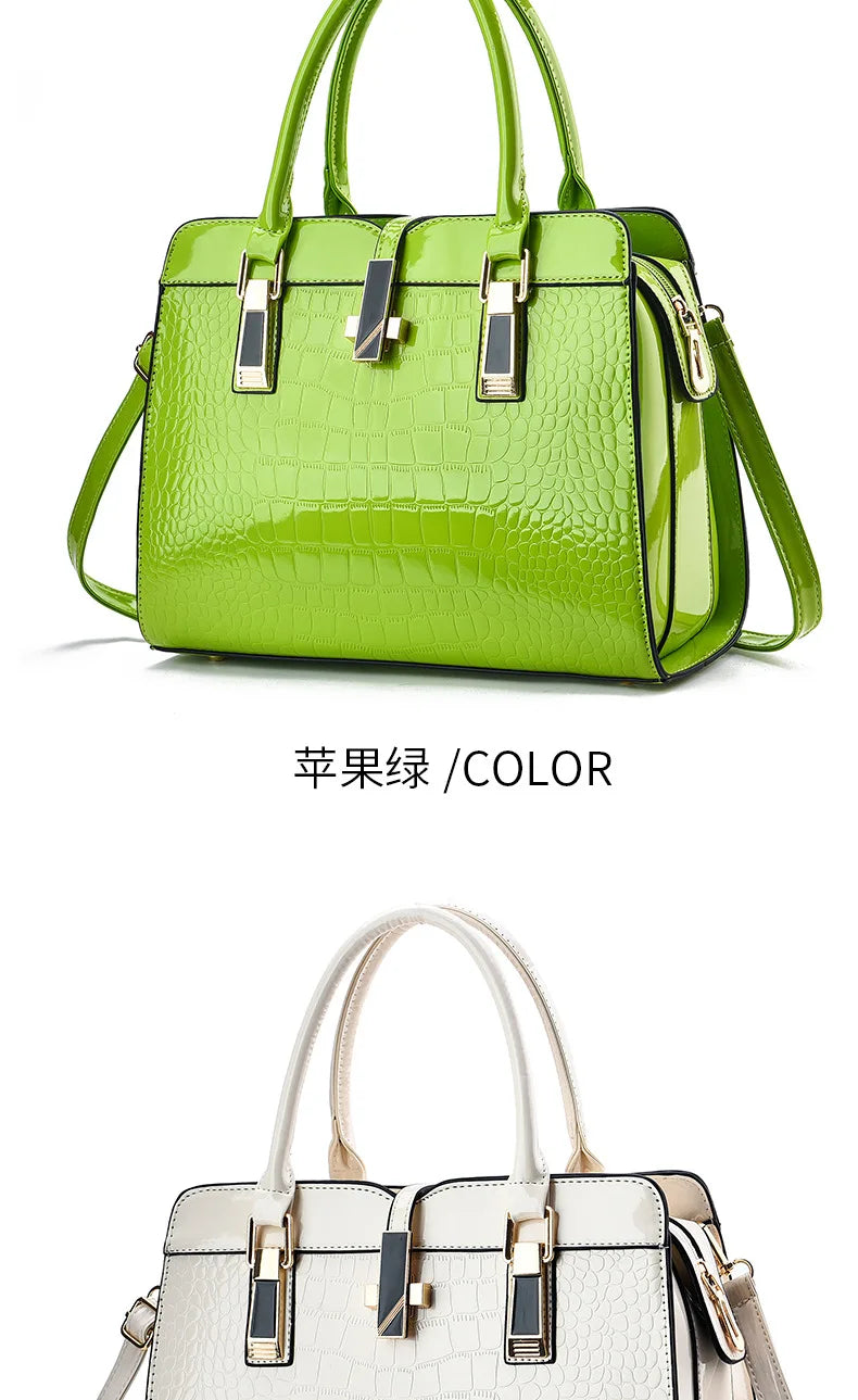 Bright green patent leather crocodile-pattern handbag and tote with dual top handles and gold hardware.