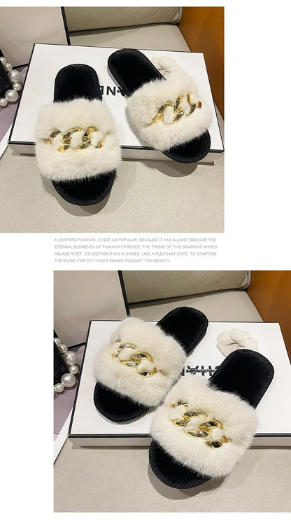 Plush Slippers for Women with Chain Detail and Cushioned Sole