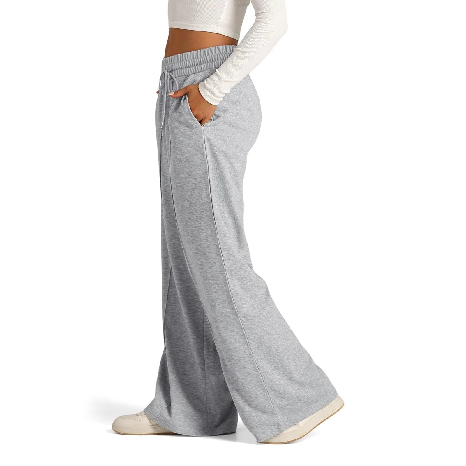 Light grey high waist wide leg pants with a fleece lining and drawstring for warm daily wear.
