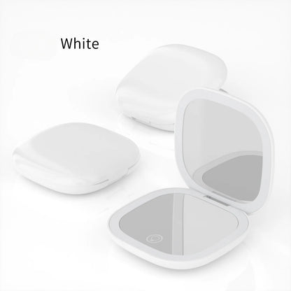 Portable Makeup Mirror with LED Fill Light Pocket Handheld Round Folding USB Charging Adjustable Hairdressing Tri Color Light