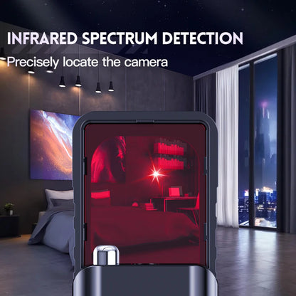 Black smart camera detector with a red viewfinder lens showing a bedroom through infrared detection.
