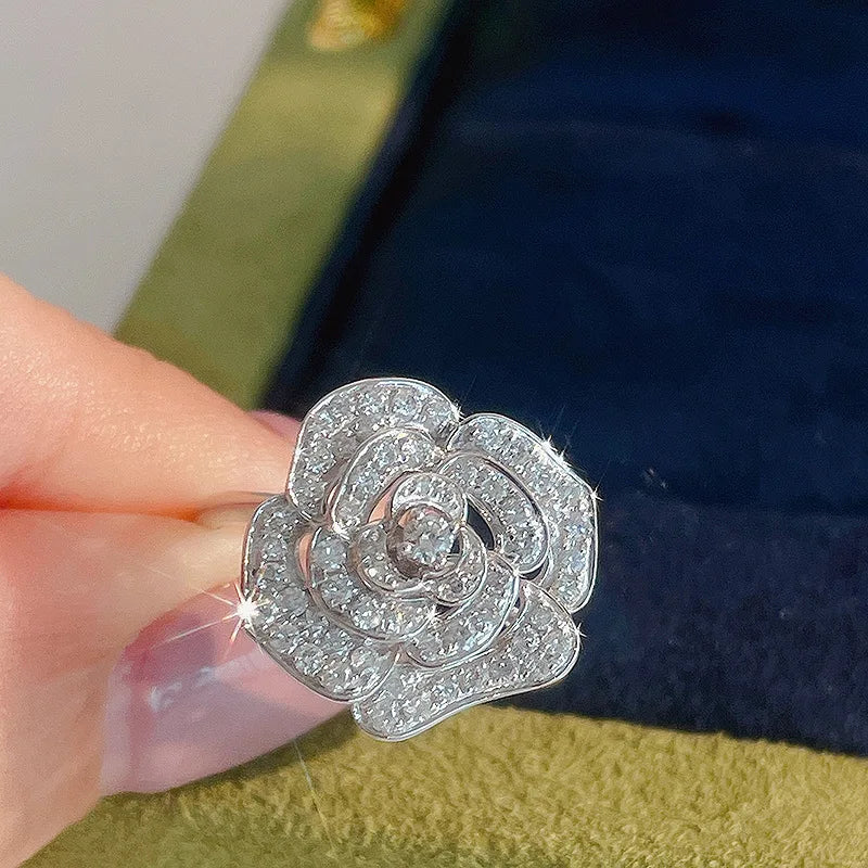 Lab-Grown Ring with Emerald-Cut Diamond Flower Core in Sterling Silver
