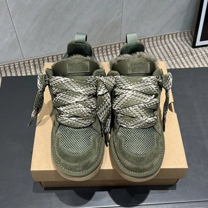 Olive green velvet and mesh platform boots with wide laces for all-day wear.