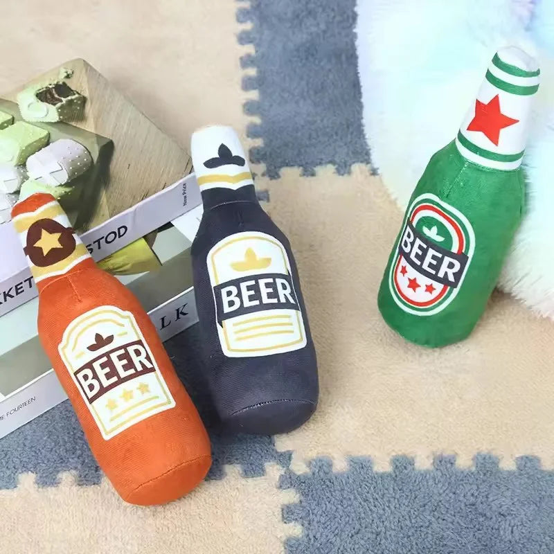 Beer Bottle Plush Dog Toy Chew Squeaker for Teeth Cleaning