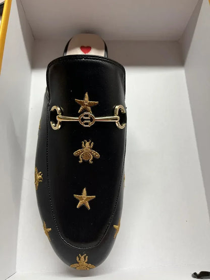 Polished Flat Mule Slippers for Women with Chain Detail