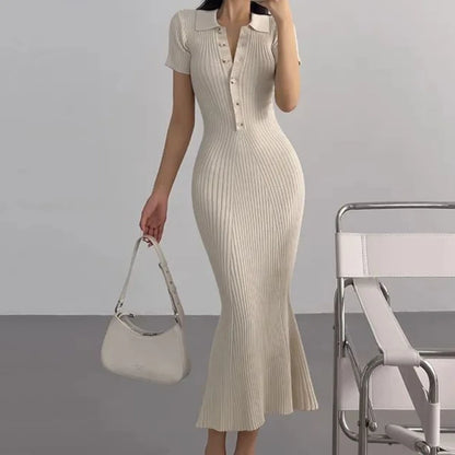Beige ribbed knit mermaid dress with a polo collar for resort wear.