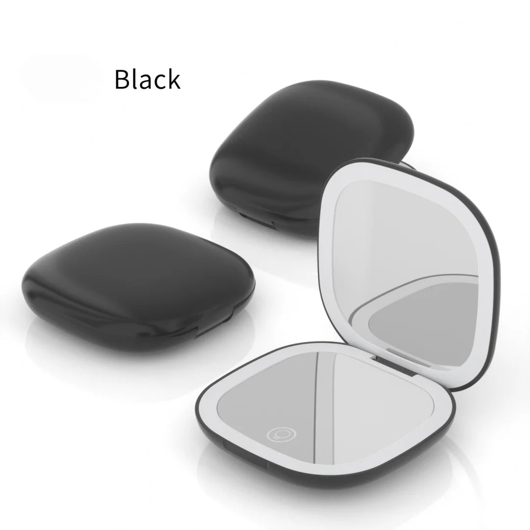 Portable Makeup Mirror with LED Fill Light Pocket Handheld Round Folding USB Charging Adjustable Hairdressing Tri Color Light