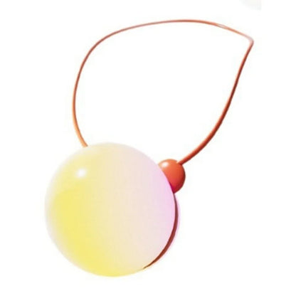 Round white and yellow plastic learning robot toy with orange cord for interactive conversation play.