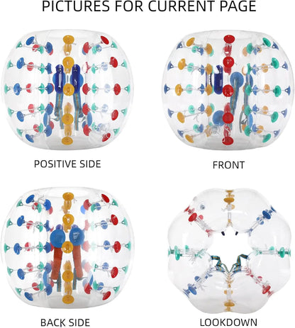 Clear inflatable TPU bumper ball with colorful circular connectors and shoulder straps for outdoor collision games.