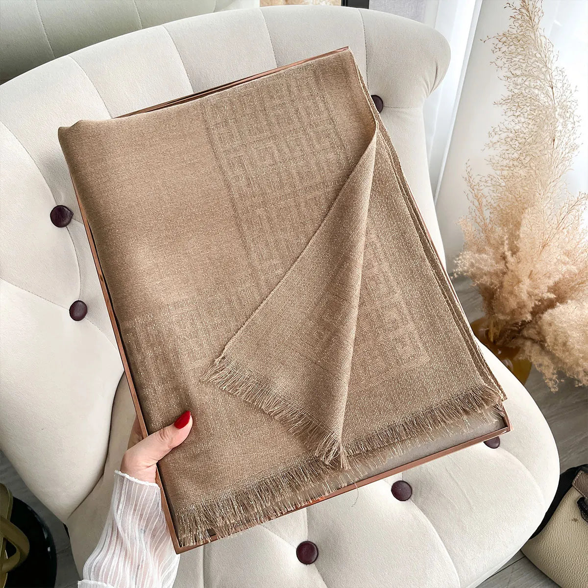 Sun-Protective Hijab Scarf with Golden Thread Accents for Styling