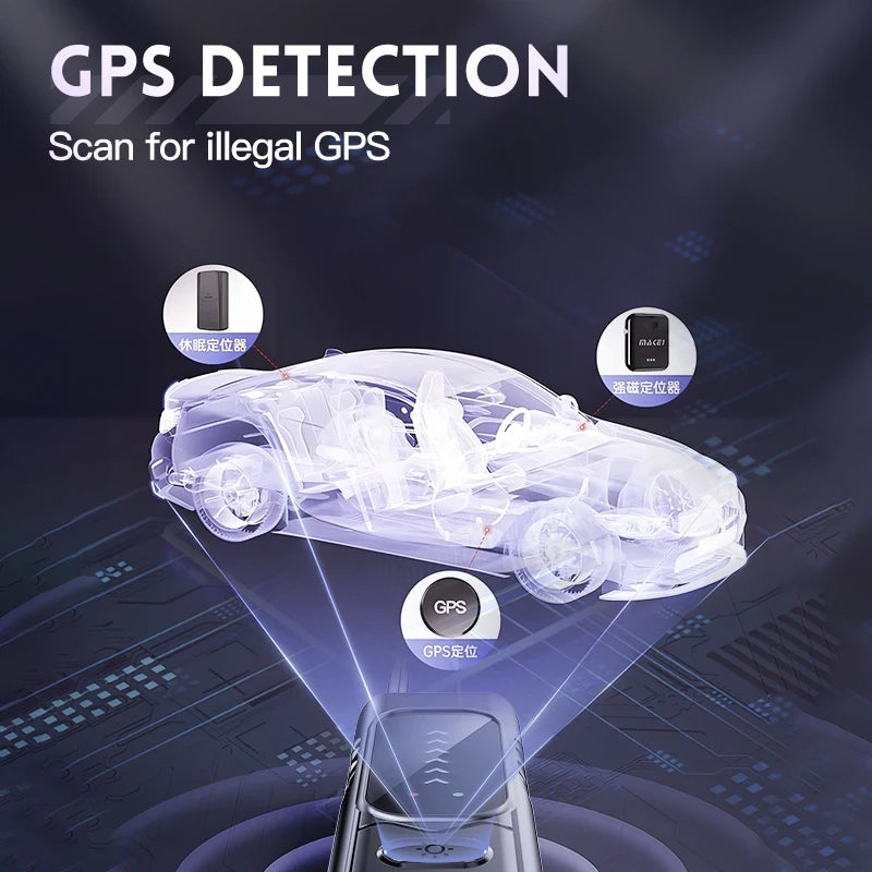 Smart camera detector with black plastic body, scanning a car for GPS tracking devices.