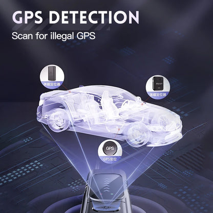 Smart camera detector with black plastic body, scanning a car for GPS tracking devices.