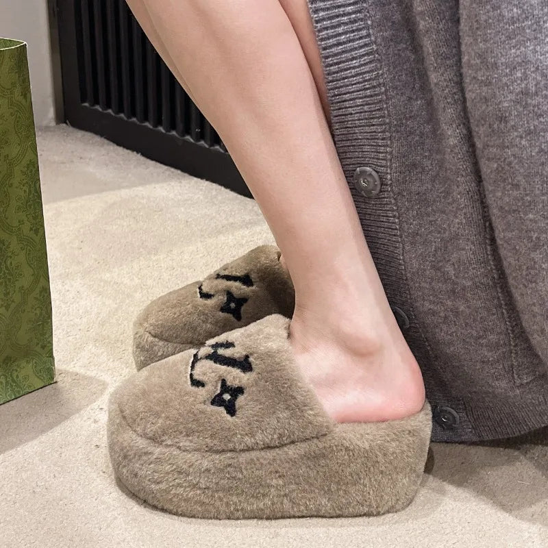 Warm Slippers for Women Indoor Non Slip Plush Traction Rubber Sole With Wedge Heel