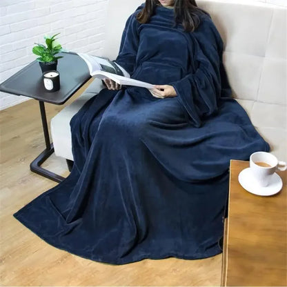Adult wearable blanket with sleeves and a large pocket
