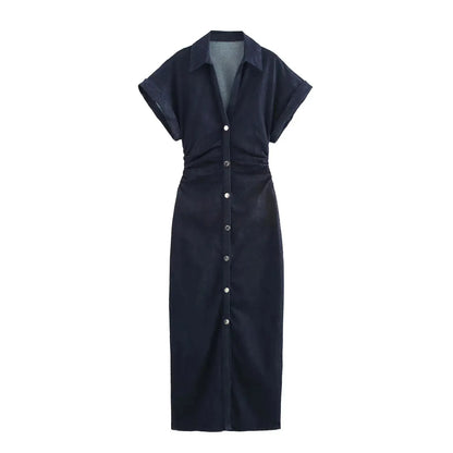 Denim Midi Dress - Women's Ruched Short Sleeve Casual Streetwear Dress