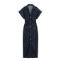 Denim Midi Dress - Women's Ruched Short Sleeve Casual Streetwear Dress
