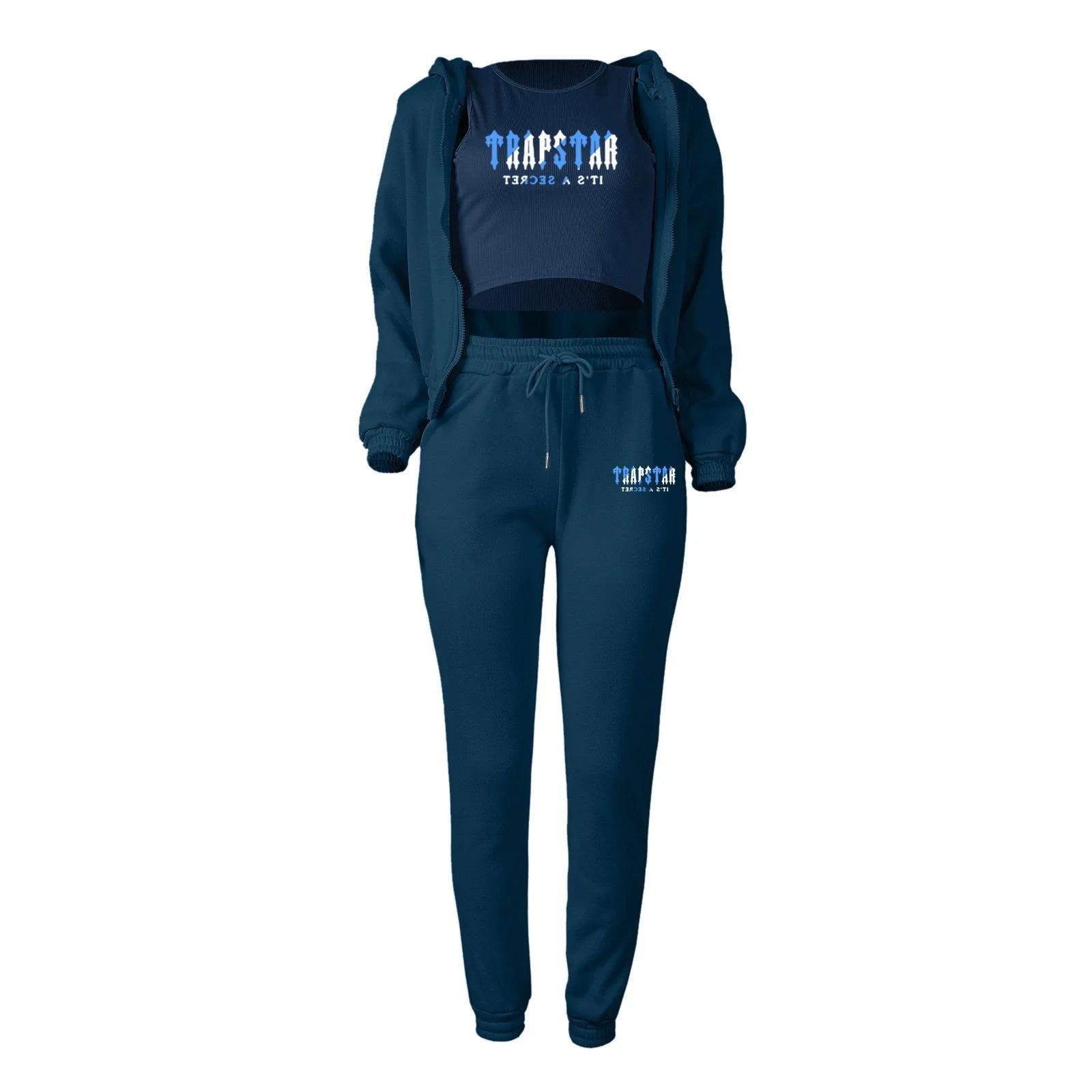 Blue plush knit sweater set with letter print, high waist joggers, and zip hoodie for a relaxed lounge outfit.