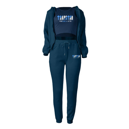 Blue plush knit sweater set with letter print, high waist joggers, and zip hoodie for a relaxed lounge outfit.