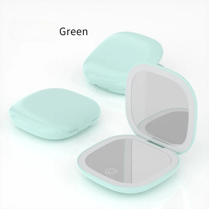Portable Makeup Mirror with LED Fill Light Pocket Handheld Round Folding USB Charging Adjustable Hairdressing Tri Color Light