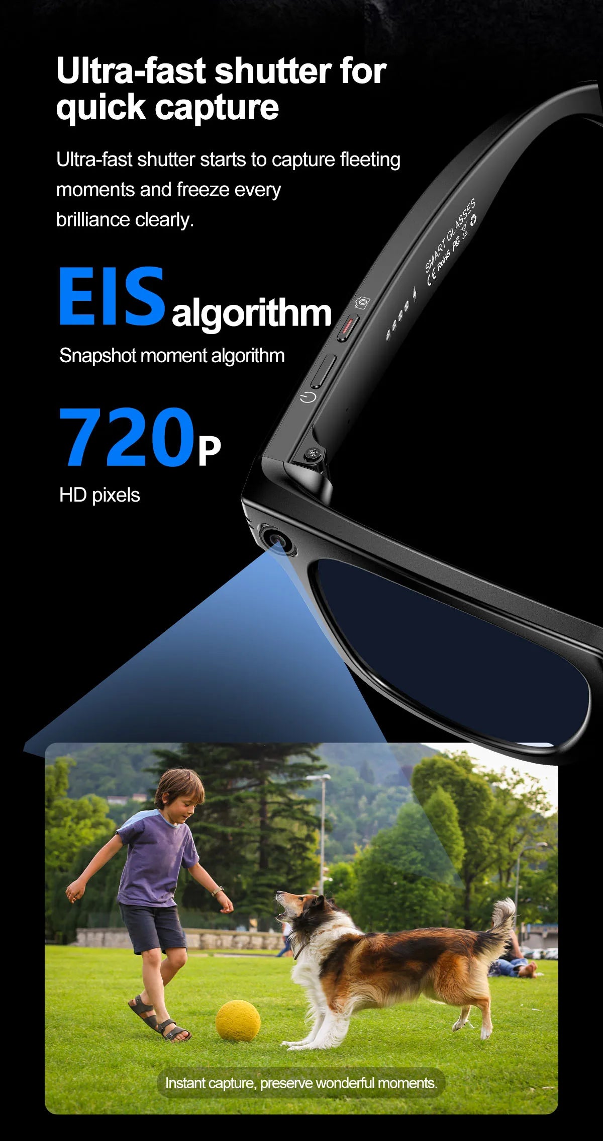 Smart Glasses  Recording Videos AI Photo Recognition Answer Translation 260mAh Large Battery IP65 Waterproof Bluetooth Glasses