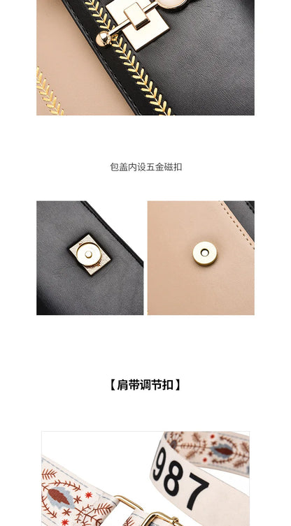 Black and beige faux leather handbag featuring a gold latch, magnetic snaps, and a patterned adjustable strap with text.