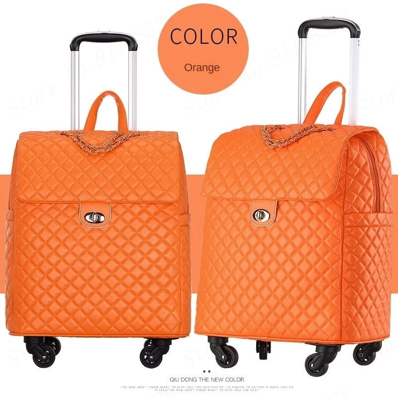 Orange quilted PU leather retro rolling suitcase with a top handle, chain accent, and twist-lock closure on wheels.