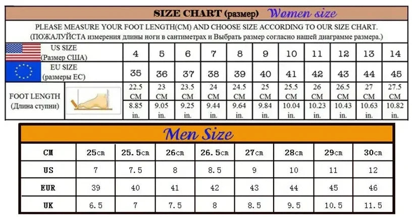 Size chart for women and men, converting foot length in cm/inches to US, EU, and UK sizes.