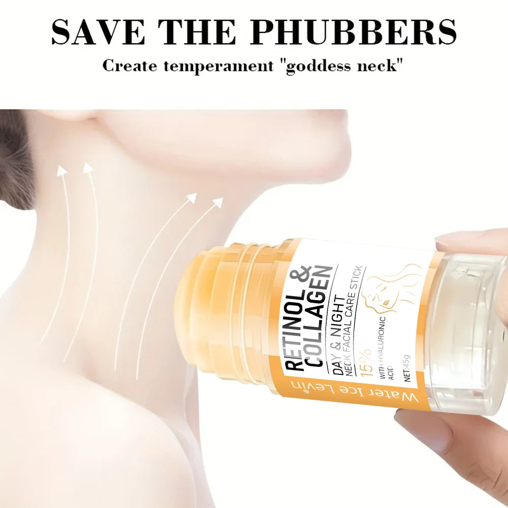 A hand holds a yellow retinol and collagen face and neck care stick with a white and orange label.