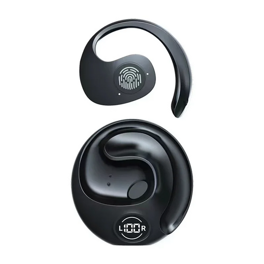 Black open-ear gaming earbud with touch control icon and charging case with digital display.