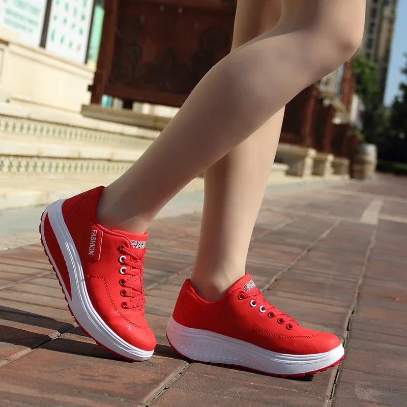 Women's lace-up wedge platform sneakers with rocker sole
