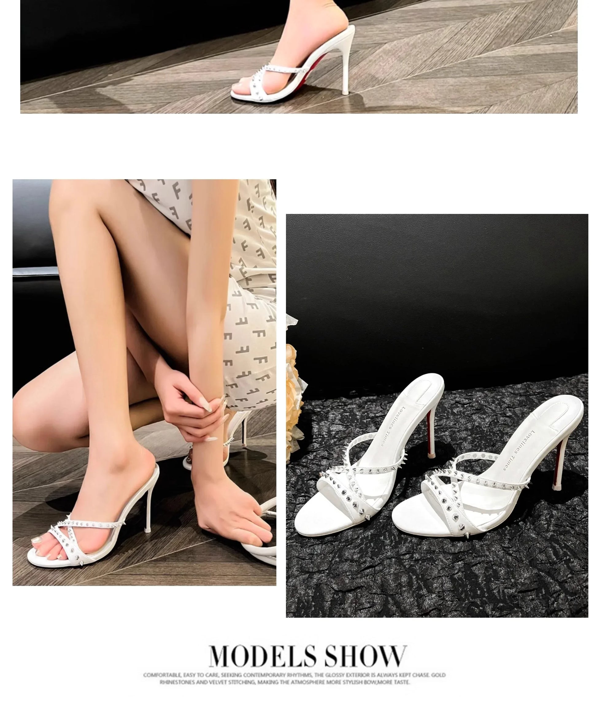 White strappy sandals with silver rivets and slim heels, a slip-on style for evening wear.